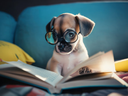 A small dog wearing glasses reading a book. AI generative image.の素材