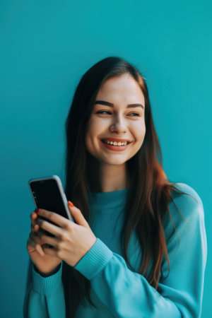 A woman smiles while looking at her cell phone. AI generative image.の素材