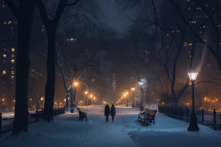 Two people walking down a snowy path at night. AI generative image.の素材