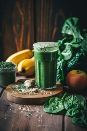A green smoothie with spinach, apples, and bananas. AI generative image.の素材