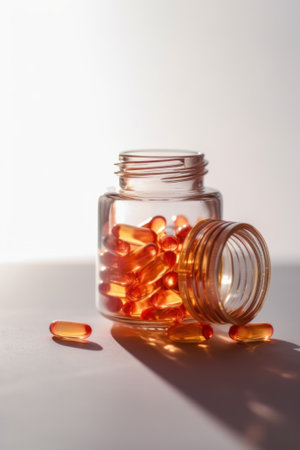 A glass jar filled with lots of fish oil. AI generative image.の素材