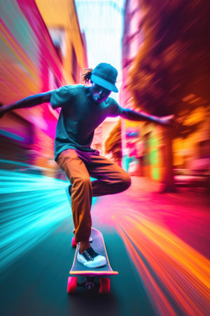 A man riding a skateboard down a city street. AI generative image.の素材