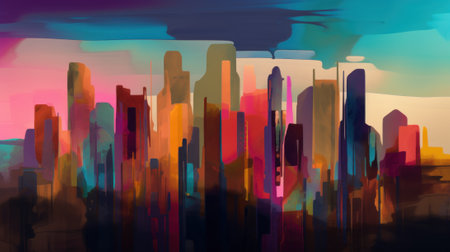 A painting of a city with a lot of tall buildings. AI generative image.の素材