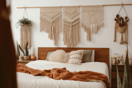 A bedroom with a bed and a wall hanging. AI generative image.の素材