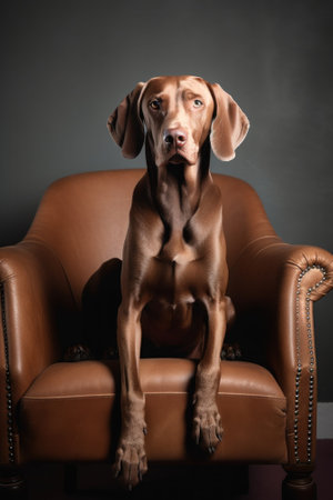 A brown dog sitting on top of a brown chair. AI generative image.の素材
