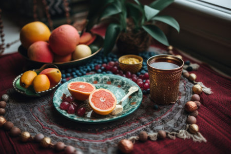 A Bohemian inspired still life, plate of grapefruits and a cup of tea on a table. AI generative image.の素材