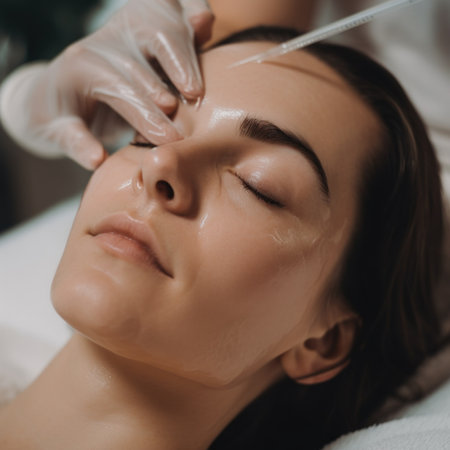 A woman getting a facial injection from a doctor. AI generative image.の素材