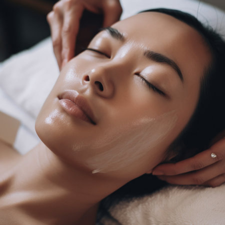 A woman getting a facial mask at a spa. AI generative image.の素材
