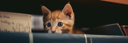 A small kitten peeking over a book shelf. AI generative image.の素材