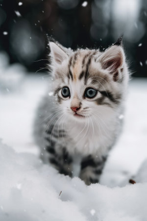 A small kitten is walking through the snow. AI generative image.の素材