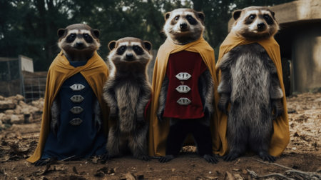 A group of meerkats wearing capes standing next to each other. AI generative image.の素材