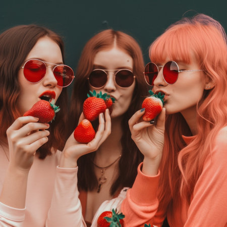A group of three young women eating strawberries. AI generative image.の素材