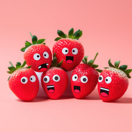 A group of strawberries with faces on them. AI generative image.の素材
