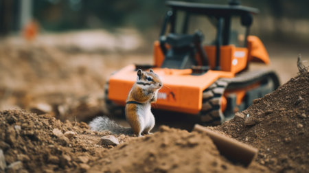 A squirrel or chipmunk standing in front of a construction vehicle. AI generative image.の素材