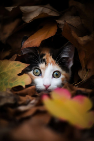 A cat is hiding in a pile of leaves. AI generative image.の素材