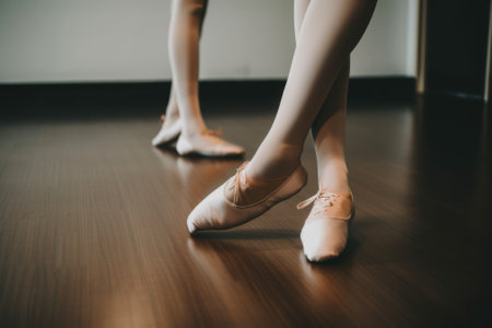 A close up of a persons legs in ballet shoes. AI generative image.の素材
