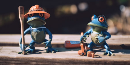 Two figurines of a frog with a hat and a shovel. AI generative image.の素材