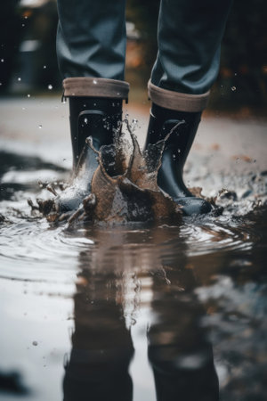 A person standing in a puddle of water wearing rain boots. AI generative image.の素材