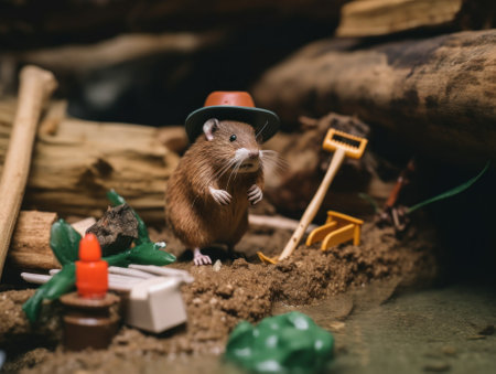 A toy mouse wearing a hard hat and standing in the dirt. AI generative image.の素材