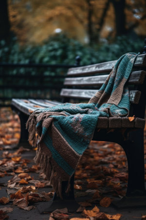 A blanket on top of a wooden bench. AI generative image.の素材