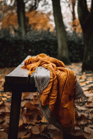 A blanket on a bench in a park. AI generative image.の素材