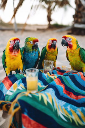 A group of parrots sitting on top of a blanket. AI generative image.の素材