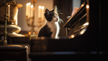 A black and white cat sitting at a piano. AI generative image.の素材