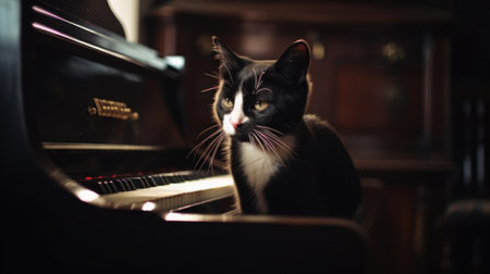 A black and white cat sitting at a piano. AI generative image.の素材
