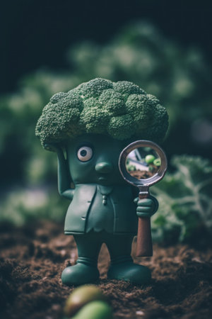 A toy figurine of a broccoli holding a magnifying glass. AI generative image.の素材