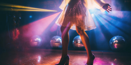 A woman in high heels standing on a dance floor. AI generative image.の素材