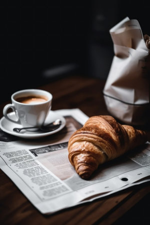 A cup of coffee and a croissant on a table. AI generative image.の素材
