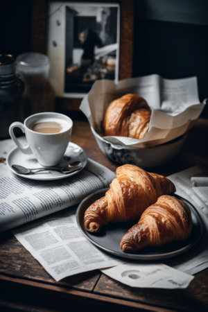 Two croissants on a plate next to a cup of coffee. AI generative image.の素材