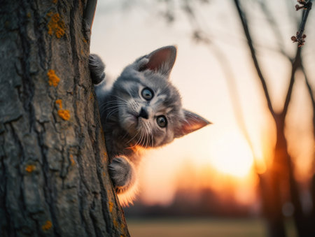 A kitten is peeking out from behind a tree. AI generative image.の素材