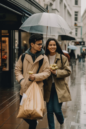 A man and woman walking down a street holding umbrella and reusable shopping bags. AI generative image.の素材
