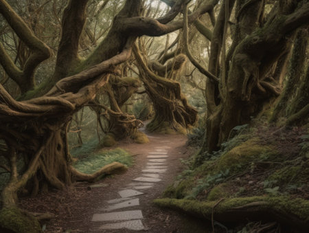A path in theenigmatic woods with a stone path between the trees. AI generative image.の素材