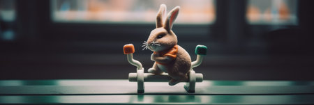 A toy rabbit sitting on top of a table. AI generative image.の素材