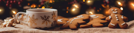 A cup of coffee and some gingerbreads on a table. AI generative image.の素材