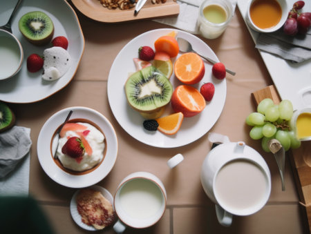 A table topped with plates of food and cups of coffee. AI generative image.の素材