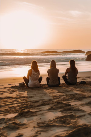 Three women sitting on the beach watching the sun set. AI generative image.の素材