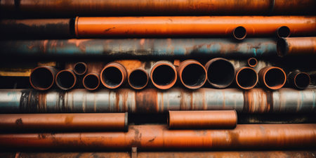 A bunch of rusty pipes stacked on top of each other. AI generative image.の素材