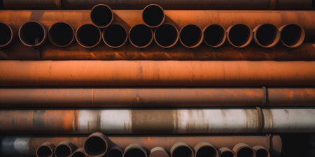 A bunch of rusty pipes that are stacked up. AI generative image.の素材