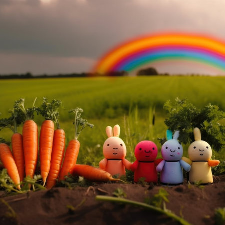 A group of fresh carrots sitting next to stuffed bunnies. AI generative image.の素材