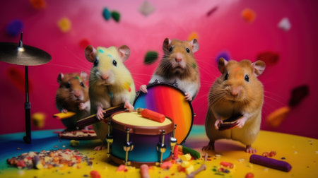 A group of hamsters sitting on top of a table. AI generative image.の素材