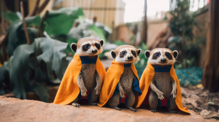 Three meerkats are dressed like superheroes in yellow robes. AI generative image.の素材