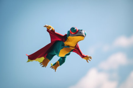 A lizard or gecko dressed as a superhero flies through the air. AI generative image.の素材