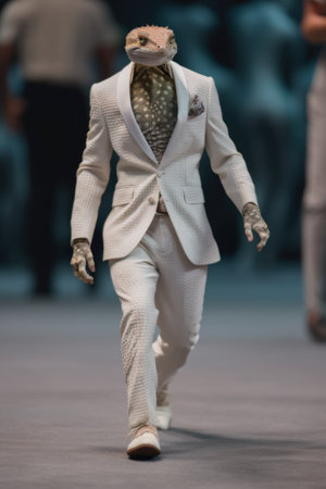 A lizard or gecko fashon model at the fashion show. AI generative image.の素材