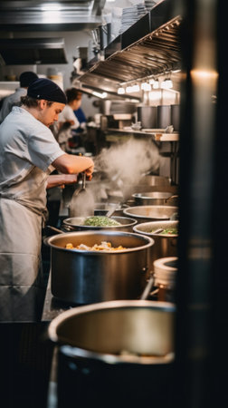A woman in a kitchen preparing food on a stove. AI generative image.の素材