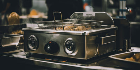 A close up of a fryer in a kitchen. AI generative image.の素材