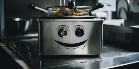 A fryer with a face drawn on it. AI generative image.の素材
