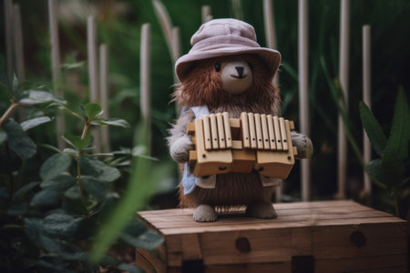 A teddy bear wearing a hat and holding a wooden instrument. AI generative image.の素材
